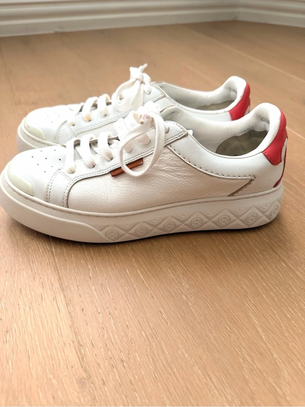 Tory Burch White Leather Ladybug Low-Top Sneakers with Coral Heel Accent